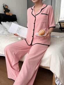 SHEIN Contrast Trim Lapel Casual Loose Short Sleeve Pajama Set - Coral Pink - View 5