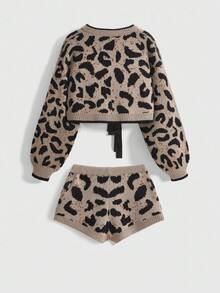 ROMWE Kawaii Set de 2 piezas de suéter de mujer con decoración de lazo de estampado de leopardo - Multicolor - Ver 2