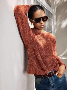 Lumivelle Women's Casual Round Neck Mesh Long Sleeve Pullover Sweater - Multicolor - View 7