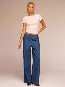 SHEIN Forever 21 Quần jeans ống đứng màu xanh đậm, cạp bất đối xứng, thoải mái cho mùa tựu trường - Rửa tối - Xem 4