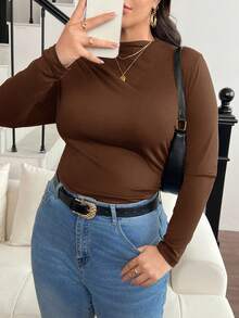 SHEIN Frenchy Plus Size Mock Neck Ruched Slim Fit Tee - Coffee Brown - View 4