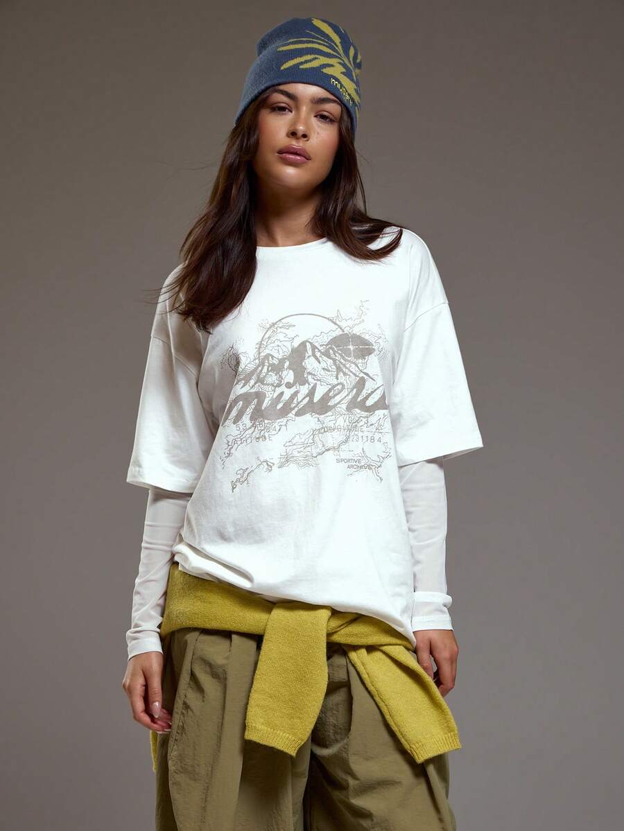 MUSERA Oversized Double Layered Graphic Printed  Tee With Mesh Long Sleeve Winter  Coolgirl Cosy Cute Outdoors Explorer Y2k Spring Summer - White - View 1