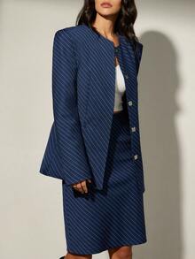 Aveloria Modichic Women's Wide Shoulder Hidden Button Striped Long Sleeve Blazer And Pencil Skirt Suit Set - Navy Blue - View 3