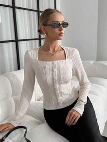 Lavishia Women's Elegant Commuter Solid Color Textured T-Shirt, Autumn - Beige - View 1