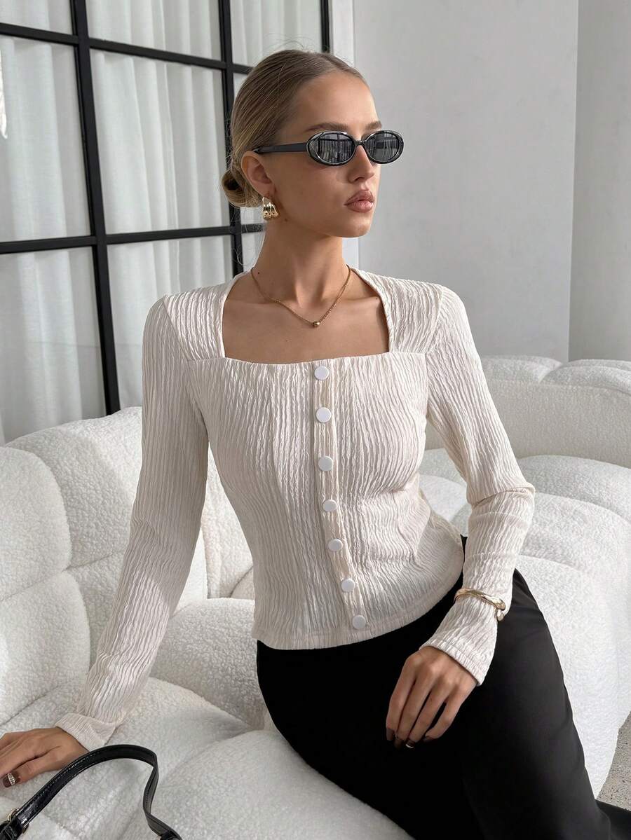 Lavishia Women's Elegant Commuter Solid Color Textured T-Shirt, Autumn - Beige - View 1