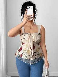 Elenzga Plus Size Casual Apricot Floral Embroidered Flared Hem Wide Strap Tank Top With Knot Detail And Regular Length - Apricot - View 3