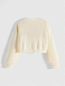 ROMWE Hippie Áo khoác len cardigan thêu hình sao và mặt trăng cho nữ, áo len tay ngắn cổ chữ V retro ngọt ngào, áo thiết kế đa năng - Màu be - Xem 2