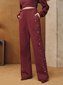 Anewsta Celana Jogging Longgar Berbahan Termal dengan Hiasan Rhinestone, Lapisan Dalam, Warna Merah Burgundy, Kaki Lebar, Modis, Cocok untuk Festival, Musim Semi, Payet, Chic, Kasual - Burgundy - View 4