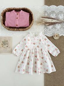 SHEIN 2件套女婴碎花毛衣外套连衣裙套装，春秋季 - 粉色 - 查看 3