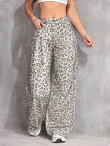 SHEIN 少女Y2K豹纹宽松阔腿牛仔裤，适合秋季、冬季、休闲时尚度假、街头穿搭，展现2000年代风格，也适合圣诞节穿着，豹纹裤，街头风长裤 - 杏色 - 查看 6