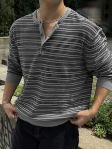 DAZY Men's Striped Crew Neck Partial Zip-Up Knit Sweater, Autumn - Multicolor - View 1