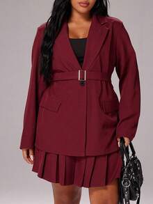 Rustia Plus Size Solid Color Loose Waist Blazer And A-Line Pleated Skirt Set, Women Autumn Outfit - Burgundy - View 3