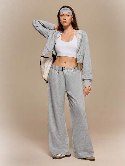 Hanevo Comfortable Women's Grey Knitted Fabric Long Sweatpants With Straight Leg Design