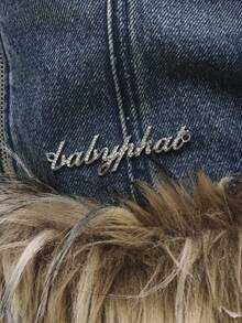 BABYPHAT Y2K复古风牛仔夹克，饰有仿毛皮滚边，短款冬季外套，时尚吸睛单品 - 藍色 - 查看 5