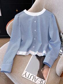 Franclia 条纹撞色休闲通勤简约风女式上衣 - 藍白色 - 查看 5