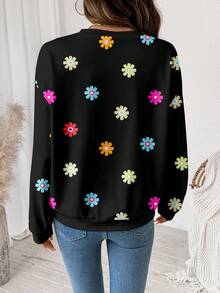 SHEIN LUNE Áo sweatshirt dài tay cổ tròn màu đen dáng rộng, thoải mái, ấm áp, phong cách retro, dễ thương, thích hợp cho gia đình/anh chị em/mặc đôi, in họa tiết hoa nhiều màu sắc, dành cho nữ, phù hợp cho mùa thu/đông. - Nhiều màu - Xem 2