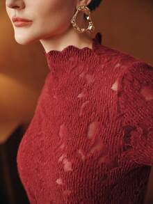 Anewsta 1 pieza Camiseta de mujer elegante de unicolor de manga larga con diseño calado y elástica - Rojo - Ver 3