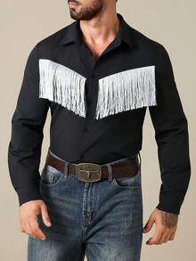 Manfinity Nomadique Men's Western Style Long Sleeve Single-Breasted Casual Fringe Shirt Men Black And White Shirt Long Sleeves Western Men Shirt Mens Fringe Mens Western Tops - Black - View 3