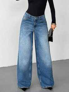 Jeans casuales y versátiles de tiro bajo, con bolsillos y pierna ancha para mujer - Azul lavado medio - Ver 5