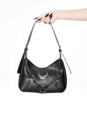 Goth Y2K Crescent Moon Metal Decor Black Shoulder Bag, Gothic Punk Style PU Handbag, Street Crossbody For Daily & Party
