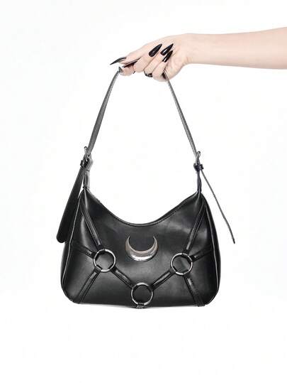 Goth Y2K Crescent Moon Metal Decor Black Shoulder Bag, Gothic Punk Style PU Handbag, Street Crossbody For Daily & Party