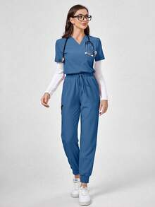 TaskEZ Solid Color V-Neck Short Sleeve Top And Waist-Tie Pants Healthcare Scrub Uniform Set - Blue - View 4