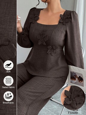 Elenzga مجموعة من قطعتين للنساء ذوات الحجم الكبير، ملابس علوية كاجوال بأكمام طويلة وبنطال، بلون أحادي