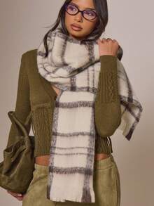 MUSERA Khăn choàng lông xù kẻ caro trắng đen cỡ lớn - trắng - Xem 1