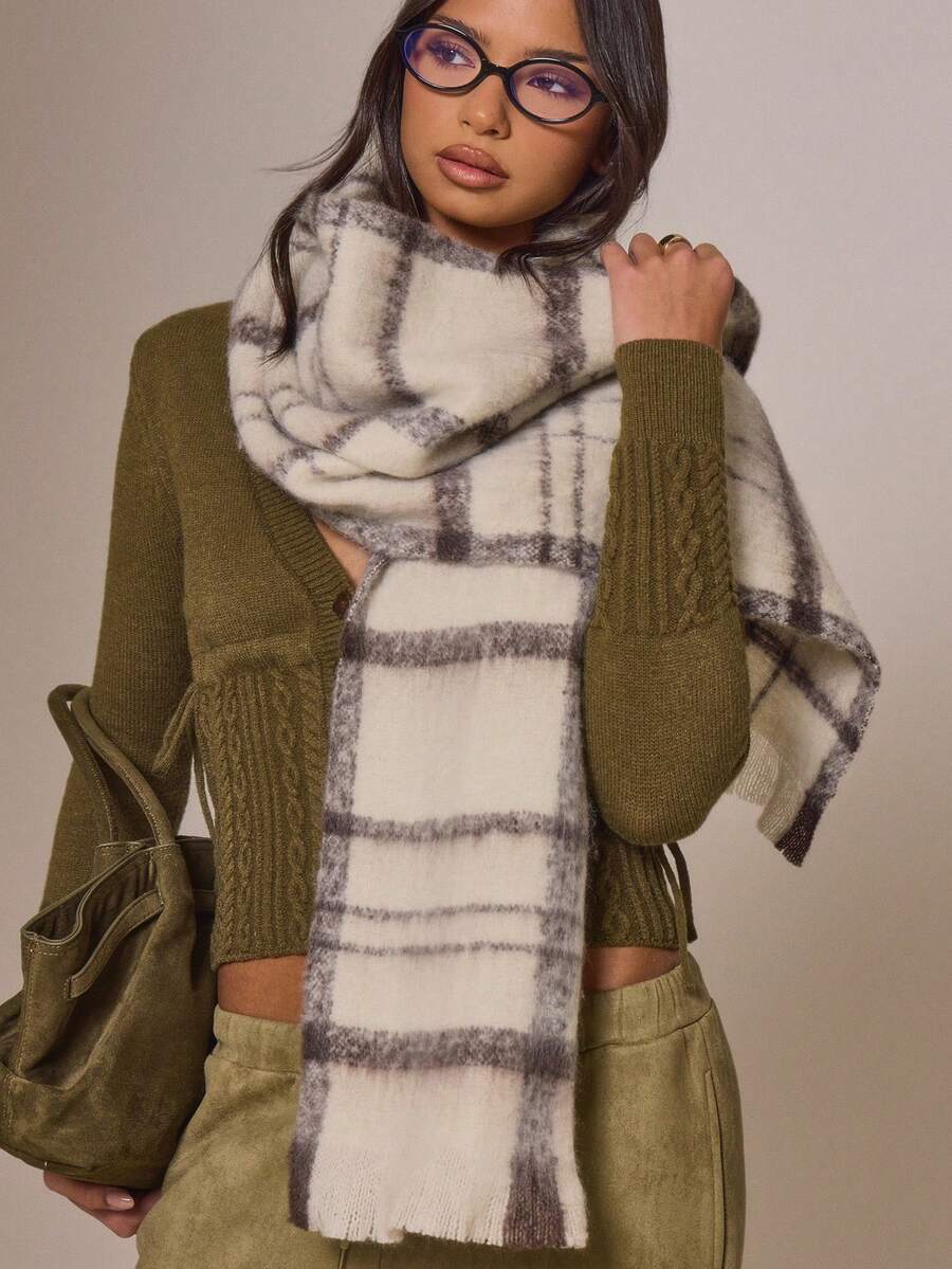 MUSERA Khăn choàng lông xù kẻ caro trắng đen cỡ lớn - trắng - Xem 1