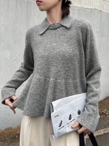 FRIFUL Damen einfarbiger Pullover mit Umlegekragen, Langarm, lässig und locker, Herbst/Winter - Grau - Übersicht 4