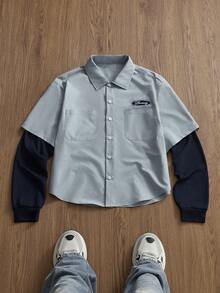Manfinity Unisex Camisa de manga larga con bolsillo y estampado de letras 2 en 1 de solapa única para hombre - Azul - Ver 5