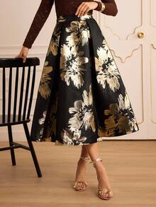 Lilora 女士优雅花卉提花褶裥箔片半身裙 - 黑色 - 查看 8