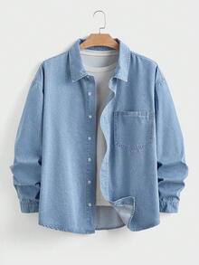 EASEVO 加大码男士长袖单排扣休闲口袋牛仔衬衫