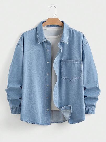 EASEVO Plusstorlek Herr Långärmad Enkelknäppt Denimskjorta med Ficka, Casual, För Herrar