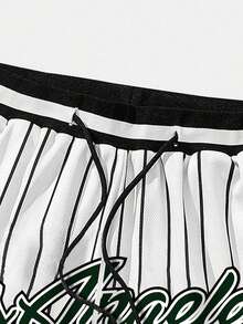 ROMWE MEN Men's Letter Preppy Striped Drawstring Waist Pockets Casual Loose Shorts - White - View 3