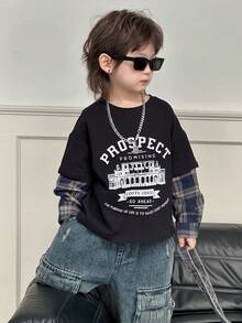 DAZY Kids Fall Clothes, Boys (Toddler) Loose Fit Round Neck T-Shirt, Plaid Sleeve & Letter Print, Casual