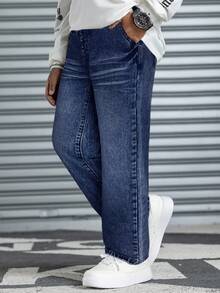 SHEIN Tween Boy 宽腿宽松休闲百搭牛仔裤 - 深色水洗藍 - 查看 3