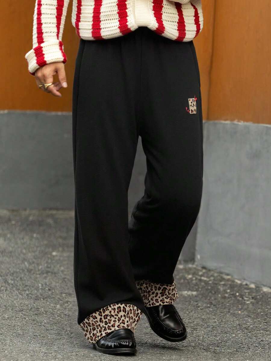 DAZY Men's Thermal-Lined Sweatpants With Letter Pattern Jacquard Knit Cuffs, Suitable For Autumn/Winter - Black - View 1