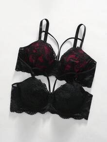 Wedaily 2pcs Plus Size Lace Trim Underwire Supportive Adjustable Strap Bras - Multicolor - View 3