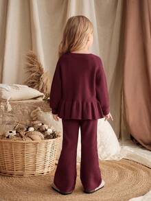 SHEIN 女童卡通图案圆领长袖套头衫和松紧腰裤两件套，女童兔子毛衣套装，女童开衫套装，女童秋冬针织套装，女童罗纹两件套，女童针织开衫套装，女童秋季服装，女童冬季服装，棕色女童服装，女童棕色毛衣和裤子套装，女童兔子图案套装 - 酒紅色 - 查看 2