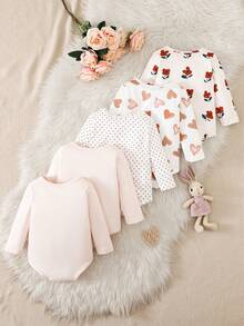 5pcs/Set Baby Girls' Spring/Autumn New Envelope Collar Rabbit Print/Cherry Print/Brown Heart Print/Floral Print/Polka Dot Print Long Sleeve Bodysuit Outfit, Infant Casual Bodysuit - Multicolor - View 2