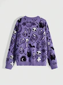 ROMWE Kawaii Women Ghost, Pumpkin & Bat Pattern Sweater - Purple - View 2