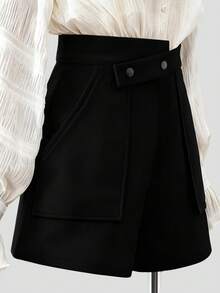 Airaco Pantalones cortos de pierna ancha con bolsillos y diseño de botón en la cintura para mujeres de talla grande - Negro - Ver 3
