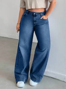 EURMUSE WOMEN HIGH WAISTWIDELEG CUTLINE PLUS SIZE JEAN - Medium Wash - View 5