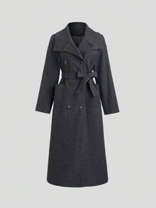 FavEase 1pc Women's Gray Casual Jacket With Belt, Pockets, Double-Breasted, Suitable For Daily Wear And Commute, Autumn/Winter - Dark Grey - View 5