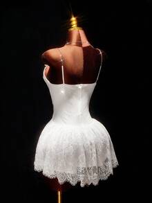 Amplova Váy công chúa chữ A trễ vai cổ điển lãng mạn, ren sequin, khoét sâu dành cho nữ - trắng - Xem 6