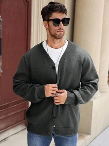 Plus Size Men's Solid Color Long Sleeve Casual Knitted Cardigan, Autumn/Winter - Dark Grey - View 4