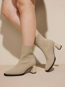 CUCCOO CURVES Women's Fashionable Elegant Commuter Thick High Heel Boots - Beige - View 3