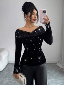 Elenzga Women's Off Shoulder Mesh & Velvet Patchwork Long Sleeve Fitted Elegant Top With Pearl Decor - Black - View 6