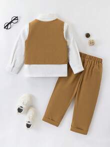 SHEIN 三件套男童绅士正装，含领结、马甲和长裤，秋冬季适用，适合婚礼、婚礼宾客、花童、戒指童等场合。 - 咖啡棕 - 查看 2